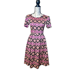 LuLaRoe Small Amelia Dress Peach Brown Purple Geo Print A Line Pleated